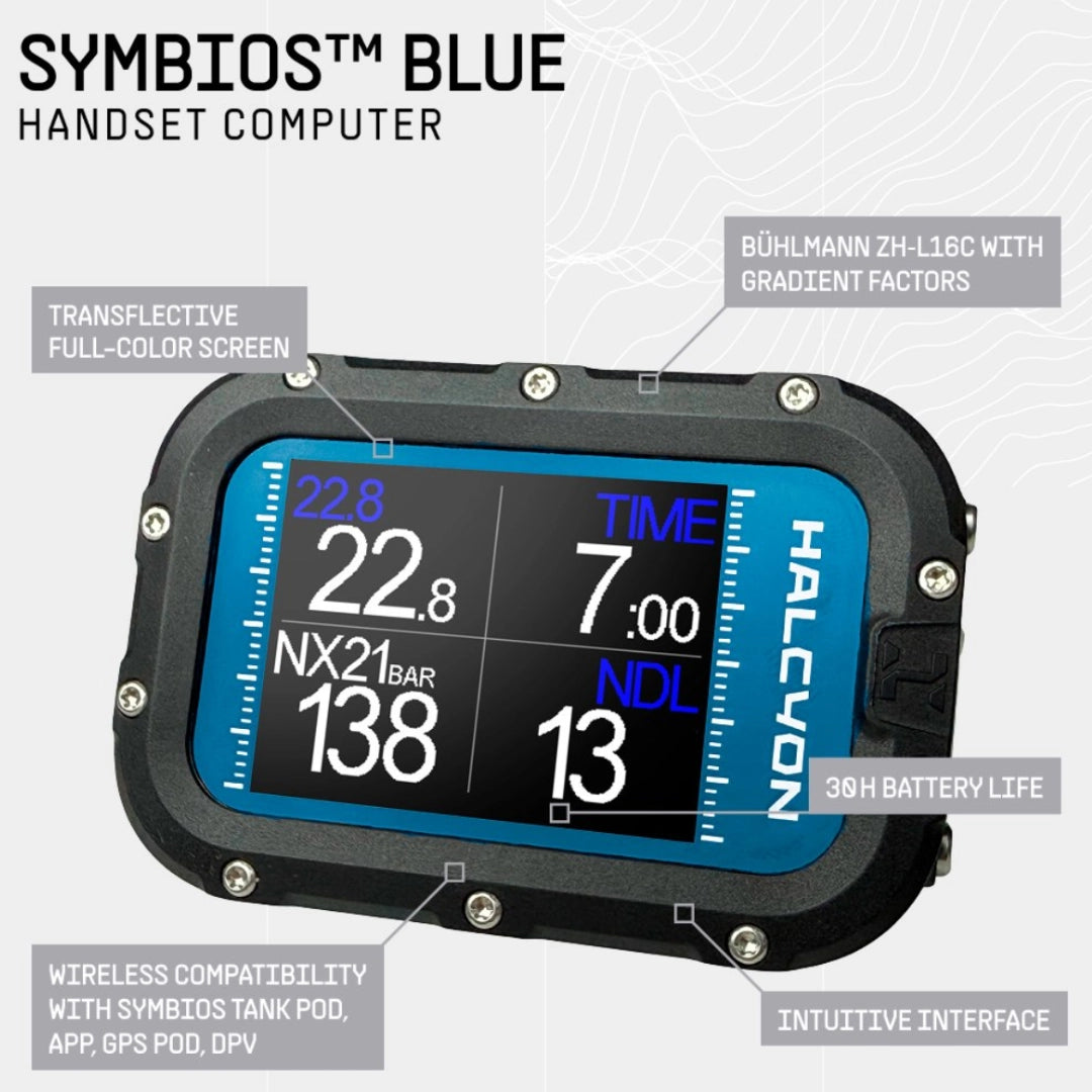 HALCION Symbios Blue Handset Computer with features highlighted on a white background