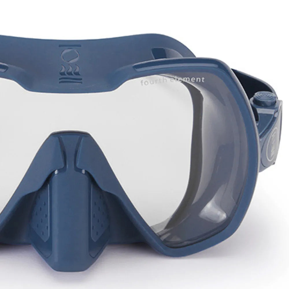Blue diving mask with 'fourth element' branding on a white background