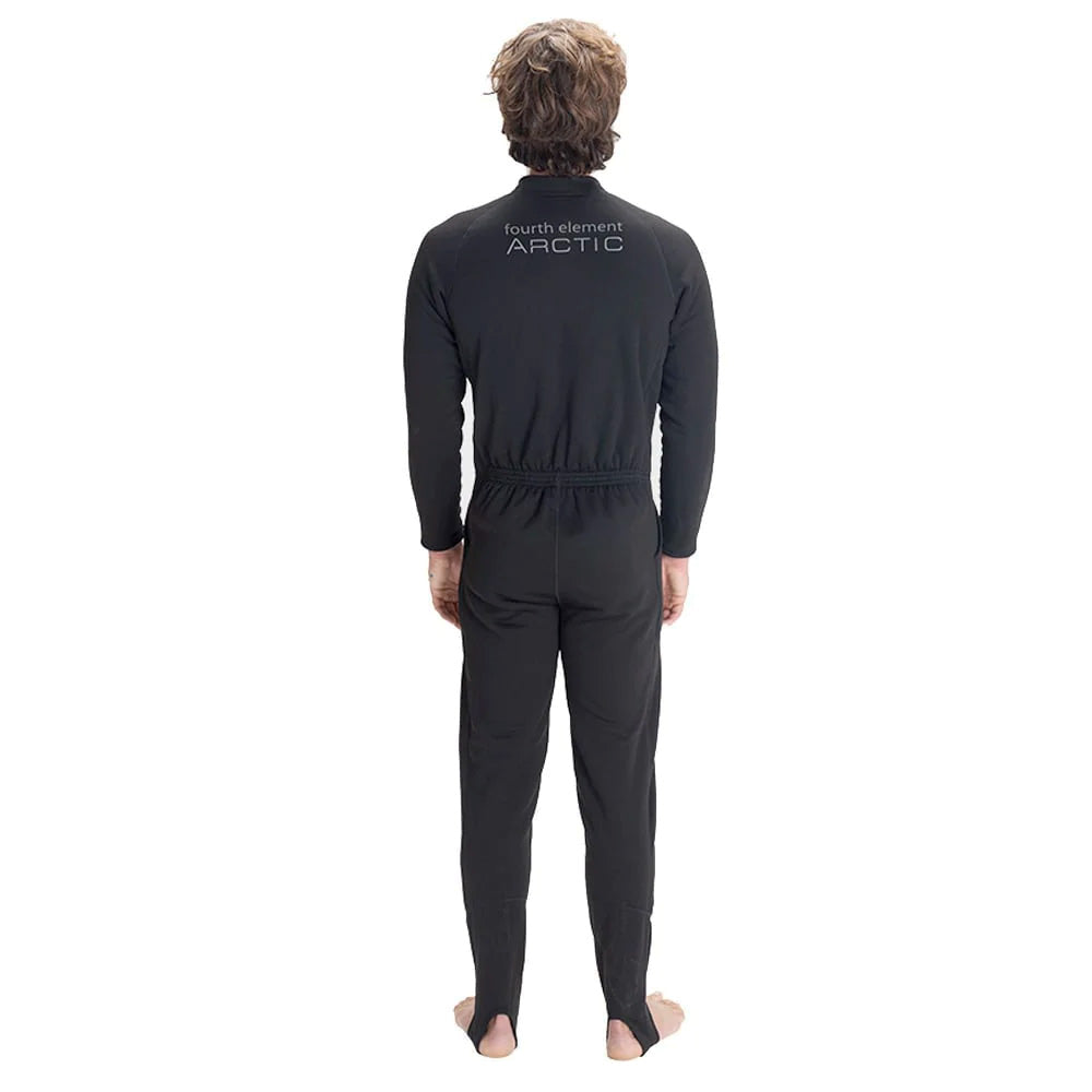 Male wearing Fourth Element Arctic one piece undersuit facing out against white background