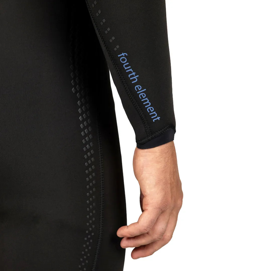 Close-up of a person wearing a black wetsuit with 'fourth element' branding on a white background