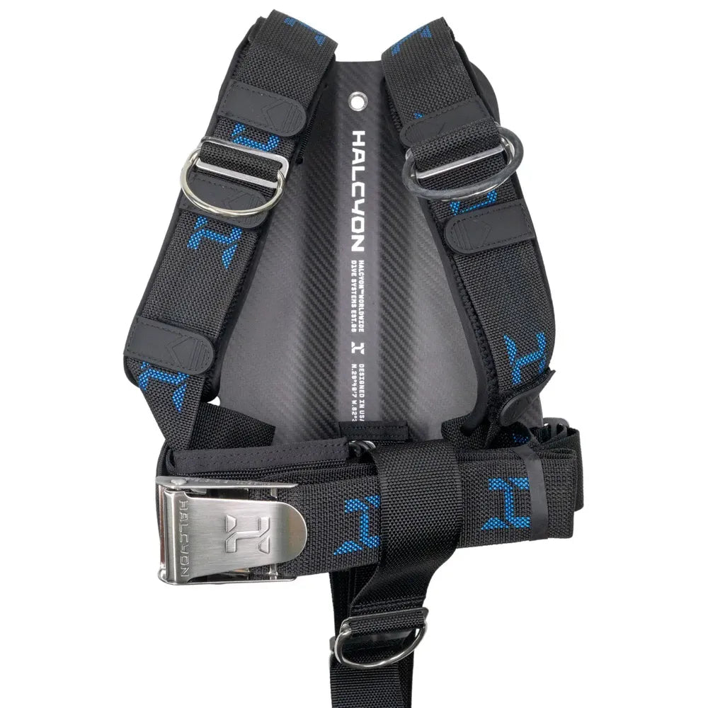 Halcyon carbon fibre backplate with webbing and crotch strap branded H on white background