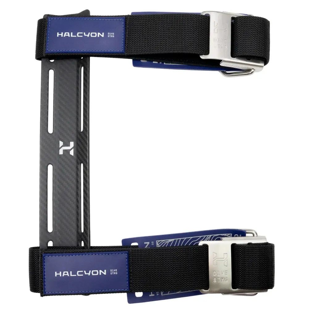 HALCYON carbon fibre Single Tank Adapter with black straps and blue accents on a white background