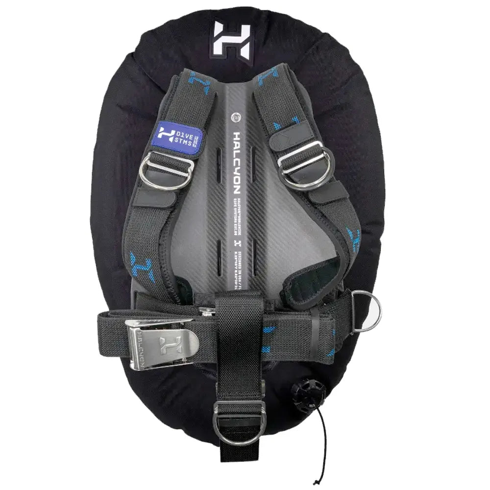 Black and grey Halcyon diving single tank wing system depicting carbon fibre backplate, harness webbing and wing on white background