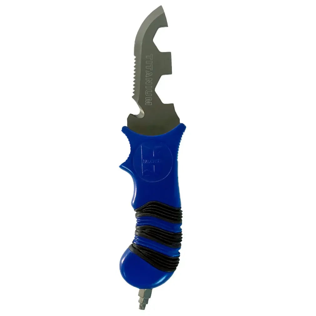 Halcyon Multitool with blue handle and titanium blade on a white background