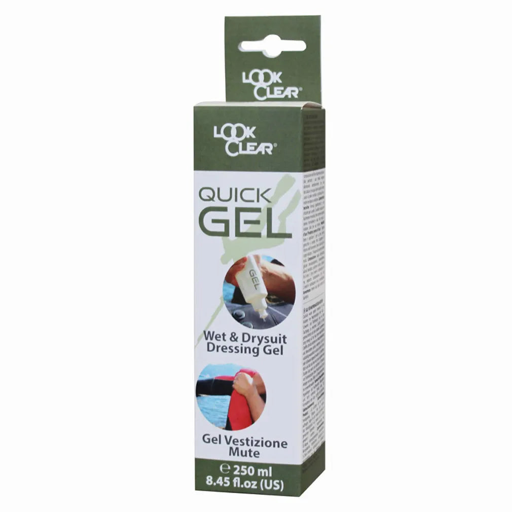 Box of Look Clear Quick Gel for wet and drysuit dressing on a white background