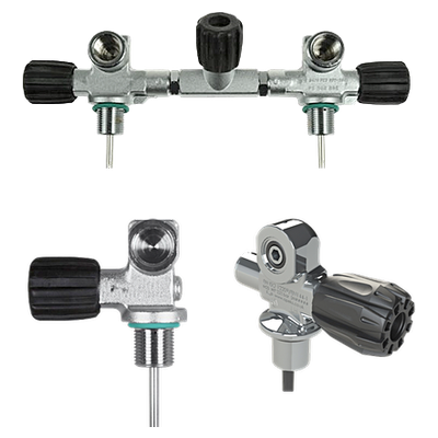 Scuba cylinder valves and manifolds