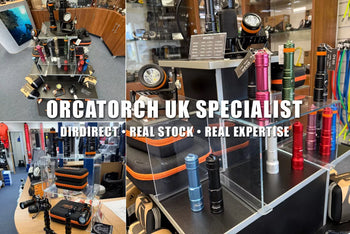 OrcaTorch UK specialist Underwater Explorers DirDirect showroom displaying dive lights in stock