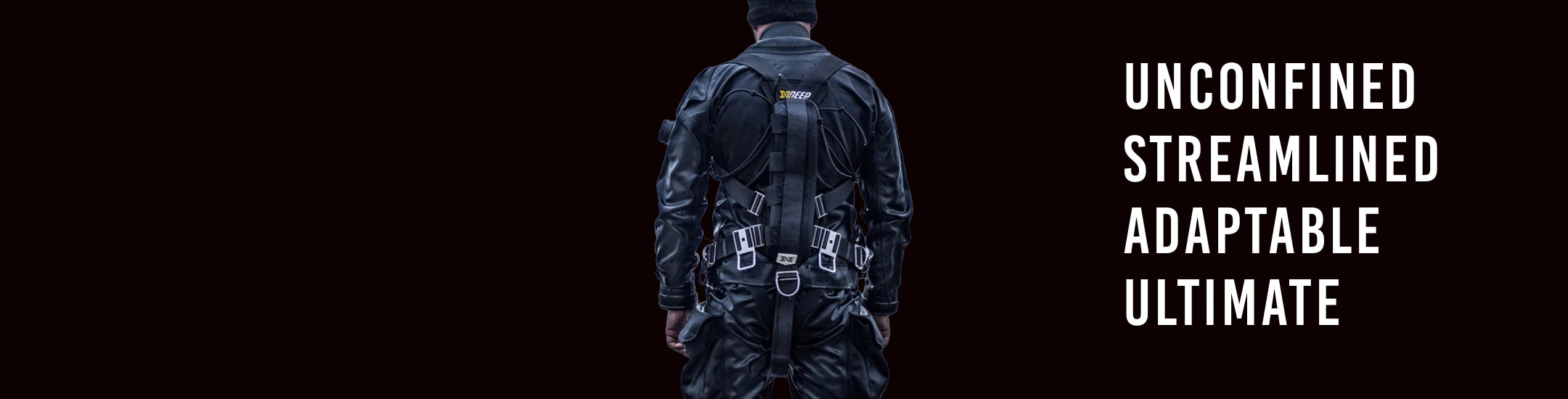 Diver with sidemount dive equipment on black background and white text