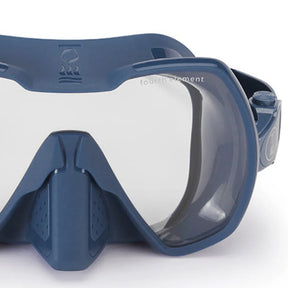 Blue diving mask with 'fourth element' branding on a white background