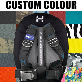 HALCON single tank wing system with carbon fibre backplate and customizable colour option on a colourful patterned background