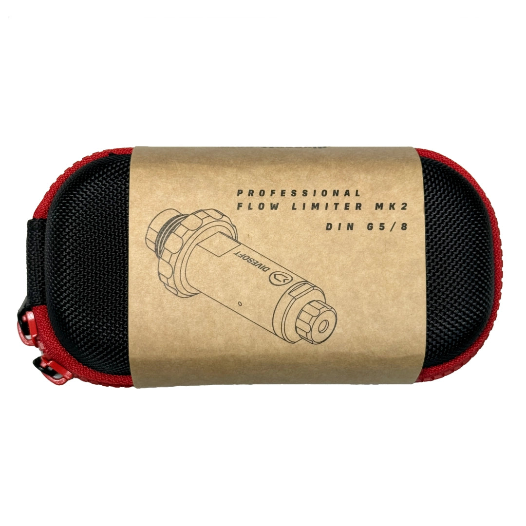 Professional flow limiter MK2 packaging with red and black mesh cover on a white background