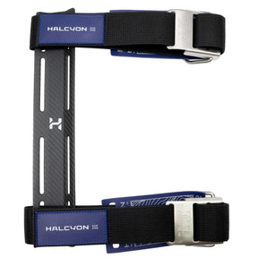HALCYON carbon fibre Single Tank Adapter with black straps and blue accents on a white background