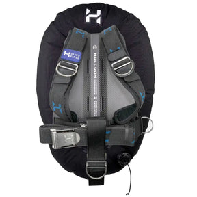 Black and grey Halcyon diving single tank wing system depicting carbon fibre backplate, harness webbing and wing on white background