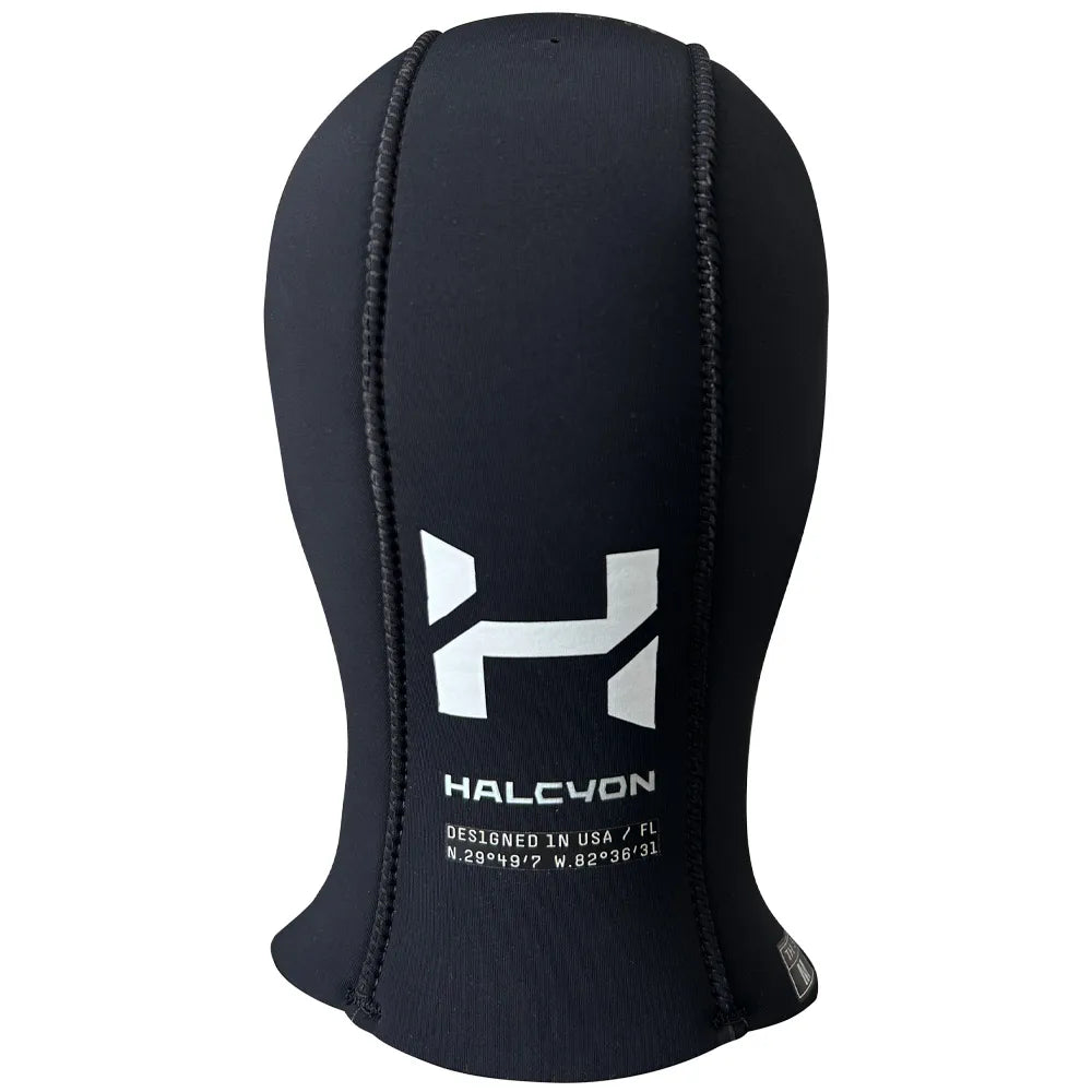 Black neoprene hood with Halcyon branding on a white background