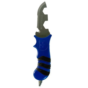 Halcyon Multitool with blue handle and titanium blade on a white background