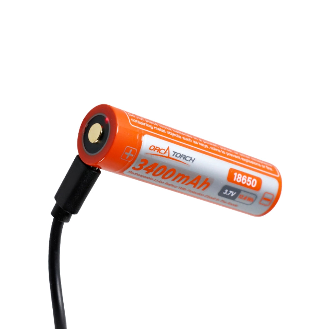 Orcatorch 18650 battery with cable on white background