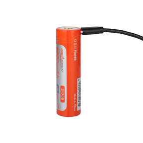 Orcatorch 21700 battery upright with charge cable